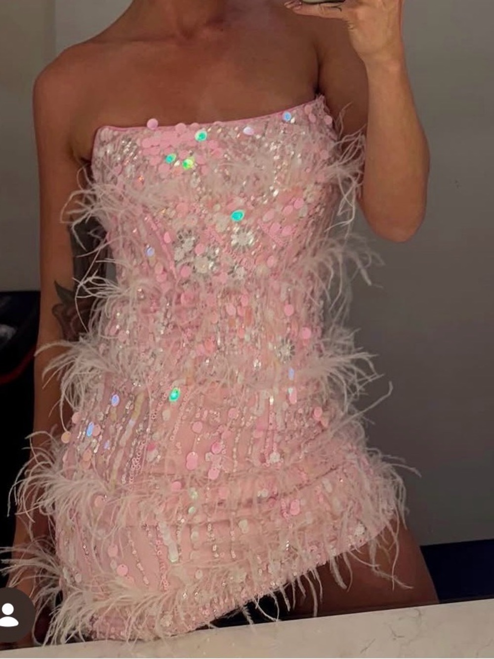 Strapless Pink Sequin & Feather Mini Dress